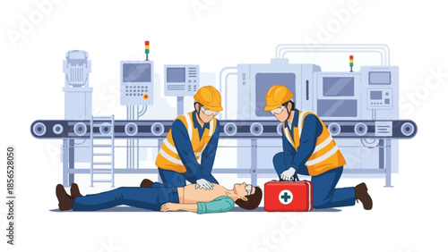 Flat vector illustration of CPR emergency response in an industrial workplace