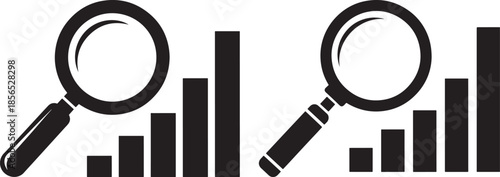 Magnifying glass over bar chart icons for analysis and growth