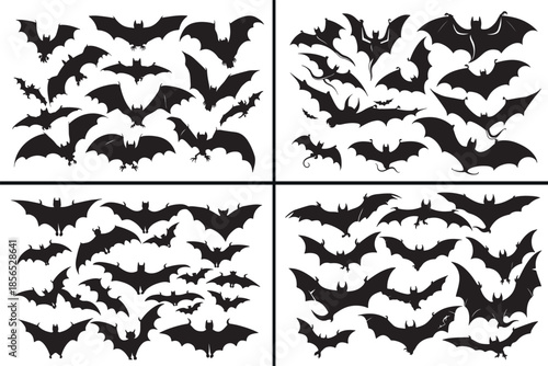 bat silhouettes vector, halloween bat clipart, flying bat svg, spooky animal illustration, horror bat shadows, night creature design, gothic halloween graphics, black bat silhouettes, scary bat vector