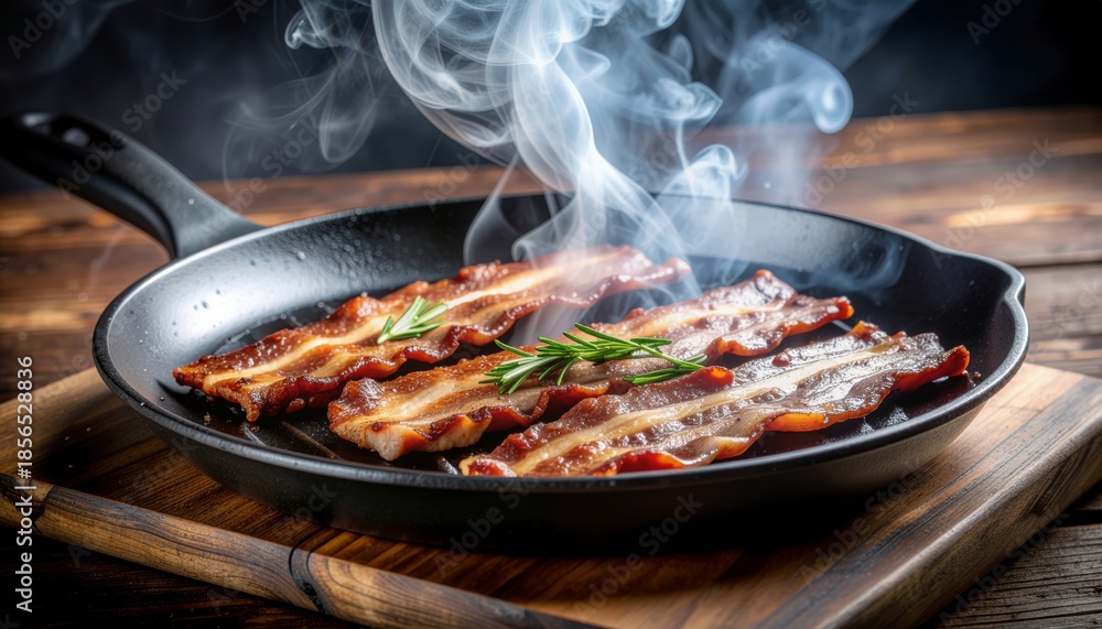 Fototapeta premium Crispy Bacon Sizzling in a Pan with Rosemary Garnish.