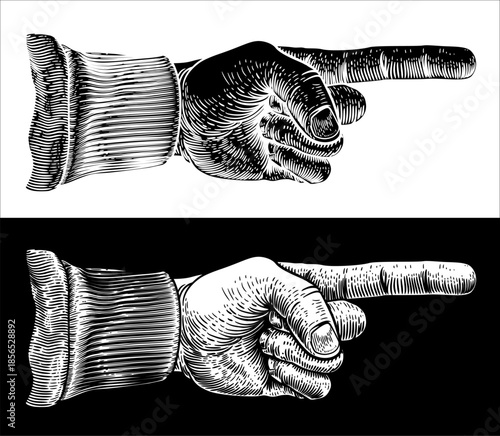 A hand pointing a finger in an etched vintage woodcut style