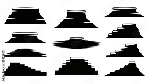 Collection of Black Silhouettes of Tree Stumps and Stone Steps.
