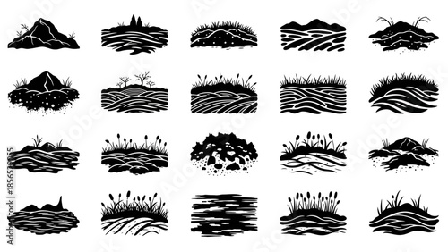 Collection of diverse natural landscapes and terrains in black and white silhouette.