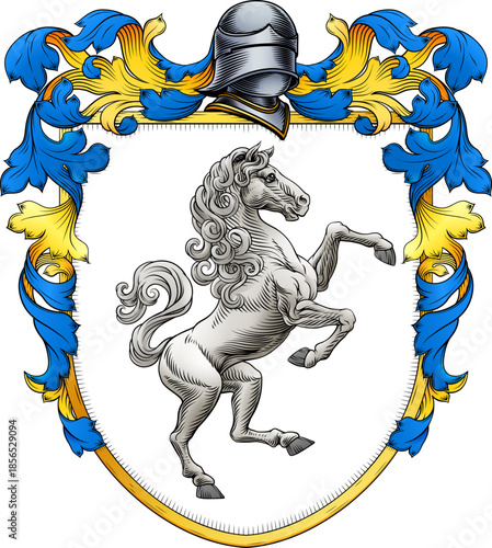 A horse coat of arms or crest family heraldry medieval heraldic knight shield with helmet and acanthus filigree scroll ornament in a vintage woodcut style.