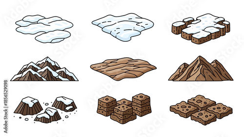 Collection of hand-drawn isometric snow, ice, and rock formations for game design.