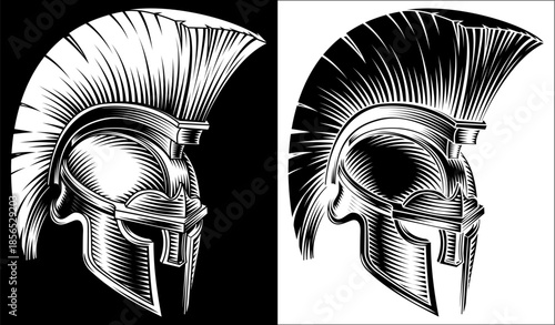 A greek spartan or trojan warrior soldier or roman gladiator helmet in a vintage woodcut style