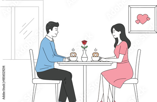 Charming illustration depicting a romantic couple sharing coffee with heart shaped details during a sweet date at a simple cafe setting