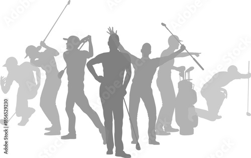 Silhouette golf player set. Active golfers golfing sports people healthy players fitness silhouettes concept.