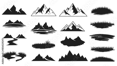 Collection of various mountain and grass silhouettes in black ink style.