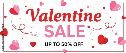 Festive red and pink banner design advertising a heartwarming valentine sale event with deep discounts up to fifty percent off for shoppers