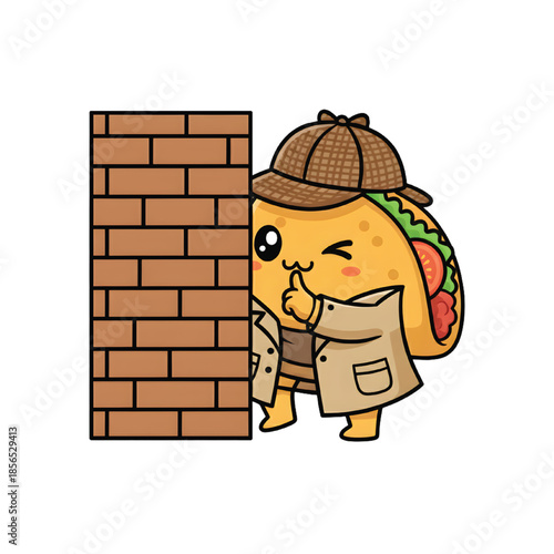 Taco spy character hiding behind a brick wall