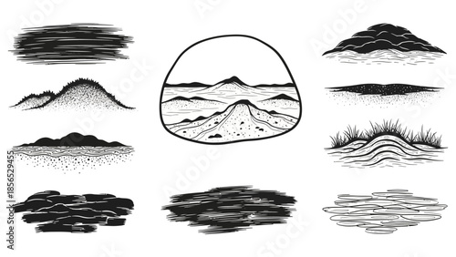 Hand drawn landscape elements and textures set.