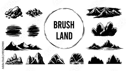 Hand-drawn brush land elements with mountains, rocks, and brushstrokes.
