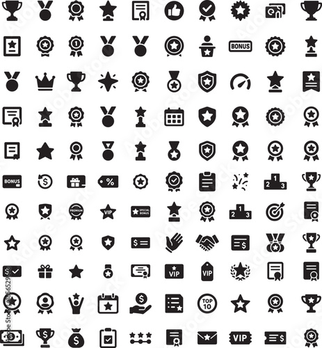 Reward and recognition solid icons set with trophy medal star certificate and achievement symbols