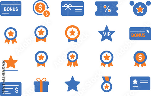 Bonus icon set blue and orange flat vector collection of loyalty program elements and rewards