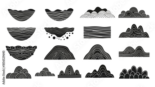 Set of Abstract Hand-Drawn Mountain and Hill Silhouettes with Wavy Lines.