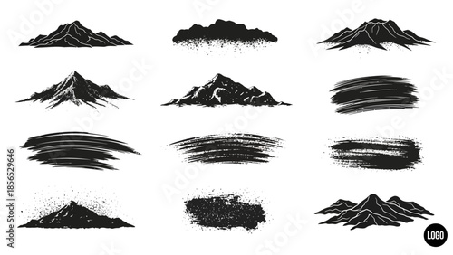 Set of black and white mountain illustrations and brush strokes.