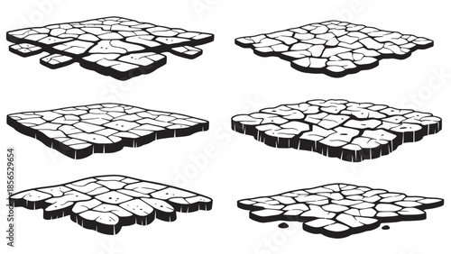 Set of cracked earth platforms in various shapes and perspectives.