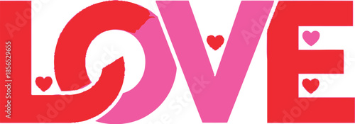 Bold typographic design spells out the word love using vibrant red and pink gradients accented with small heart icons for romance