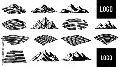 Set of Hand-Drawn Mountain and Abstract Brush Stroke Illustrations.
