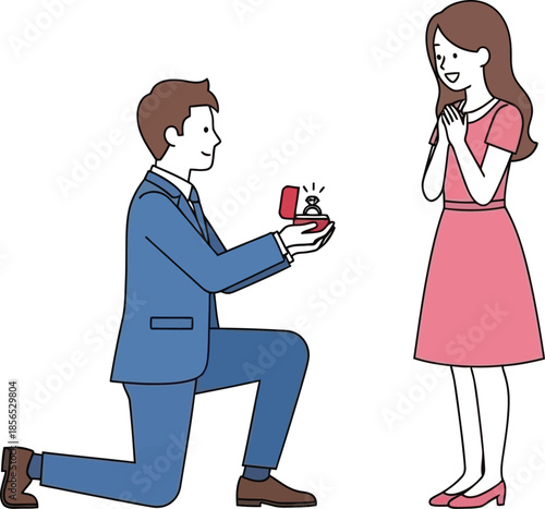 Cartoon man in blue suit kneeling down on one knee presenting diamond engagement ring in small open box to surprised happy woman in pink dress
