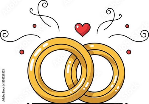 Simple illustration of two interlocked golden wedding rings symbolizing eternal love commitment and marriage celebration design element with decorative swirls