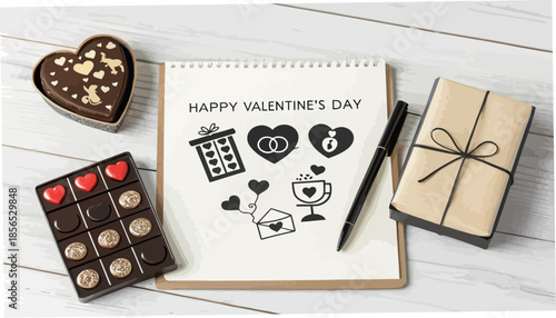 Valentine's Day gifts and treats on a rustic wooden table