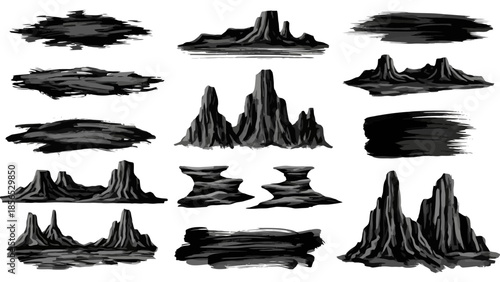 Set of various hand drawn rock formations and brush strokes.