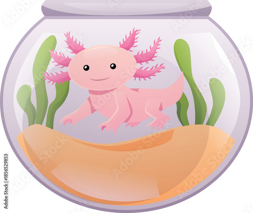 Cute pink axolotl in aquarium vector flat icon, exotic pet, salamander marine friendly monster, cartoon amphibian