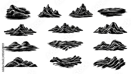 Set of various hand-drawn mountain ranges and rock formations in black and white.