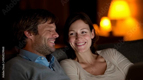 A couple shares a joyful evening at home, exchanging smiles and laughter while relaxing on the couch. The warm glow of candlelight creates a romantic atmosphere