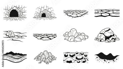 Set of various rock formations and cave entrances in a cartoon style.
