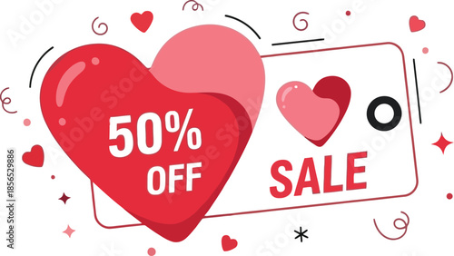 Festive digital graphic promoting a significant fifty percent off sale event with charming hearts and modern abstract design elements ideal for marketing.