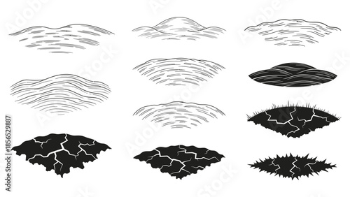 Set of various soil and ground textures in different styles.