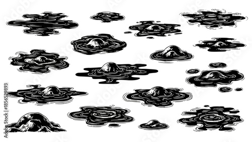 Set of various mud puddles and splashes, black and white illustration.