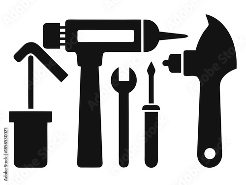 Black silhouette of various hand tools on a for design