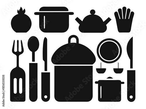 Black silhouette kitchen utensils and cookware