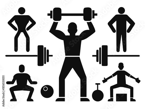 Black silhouettes of people exercising with weights and dumbbells