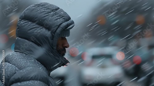 Snow blankets the city as a person walks along a busy street. The fluffy coat shields against the cold while snowflakes swirl around, creating a peaceful winter scene