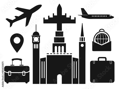 Black silhouette icons of travel and city landmarks