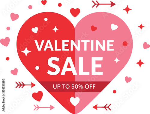 Attractive graphic design featuring a bold red and pink heart shape promoting a special Valentine sale event with significant discounts advertised clearly