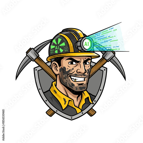 Cartoon miner with pickaxes and shield, wearing an AI-enabled hard hat, representing data mining and artificial intelligence concepts in a stylized,illustrative manner for digital media and technology