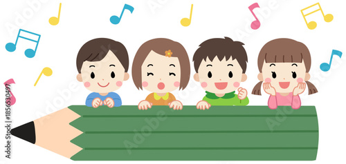 大きな鉛筆フレームと子供たちのイラスト