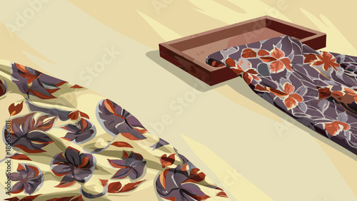 Tropical floral fabric rolls displayed on a wooden tray