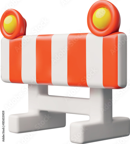 Road traffic barrier 3D vector, orange striped temporary fence with lamps for road repair, emergency works, caution sign