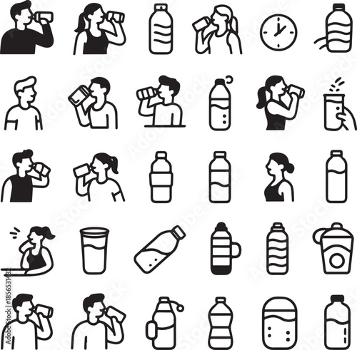 Minimalist hydration icons set with people drinking water and plastic bottle symbols line art vector