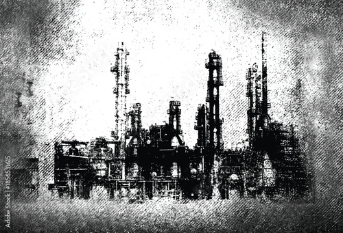 Industrial landscape with buildings and chimneys of the factory. Grunge scratch background. Monochrome illustration