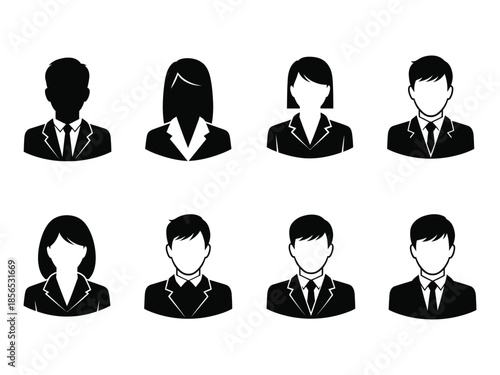 Collection of black silhouette icons depicting diverse business people and professionals