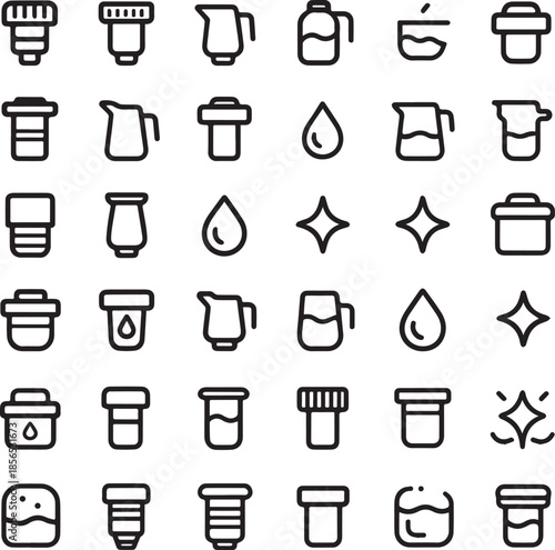 Minimalist water filter and pitcher icons set with purification symbols and liquid drop line art vector