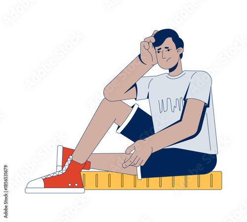 Concerned young indian man sitting on giant coin 2D cartoon character. Economic uncertainty. Financial stress. Worried south asian guy flat vector person isolated on white. Spot illustration colorful